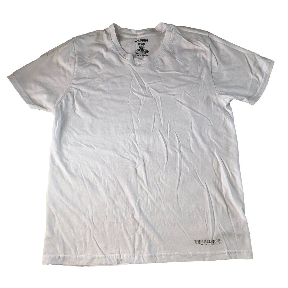 True Religion Brand Jeans T-shirt Silver Metallic Logo White V-neck Size Medium